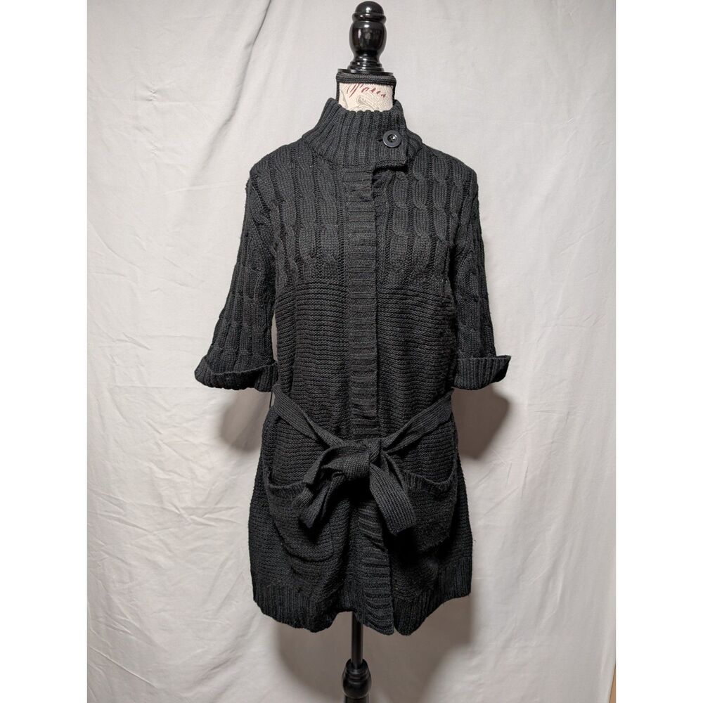 Merona Black Belted Knit Wool Blend Sweater Button Cardigan Pockets Women's XL